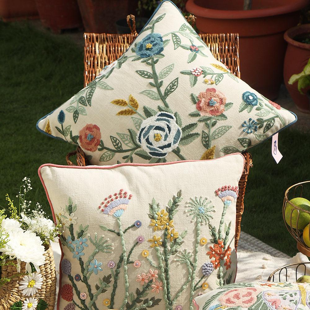 Botanical Paradise Cushion Cover | Hand Embroidered Cotton Sofa Cushion Cover with Nature Motif - 1Pc