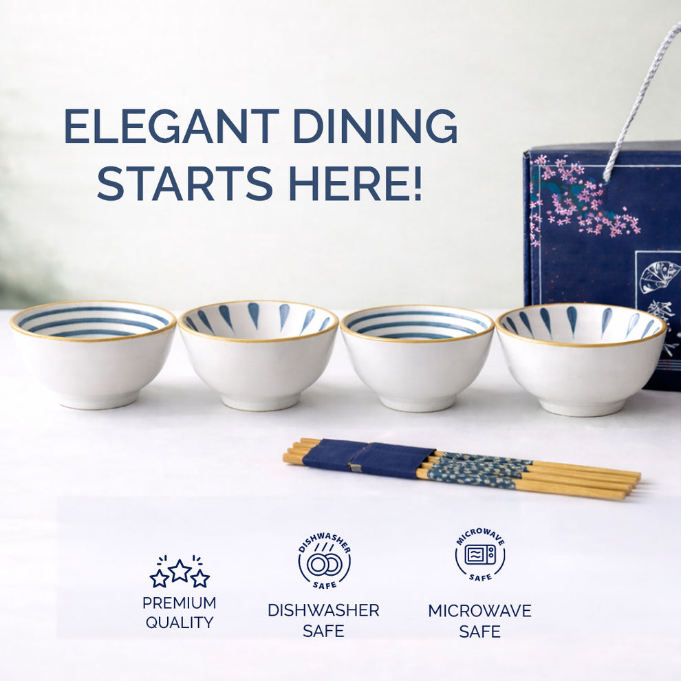 250ml Ceramic Bowl Set of 4 with 8 Chopsticks | 11.3 cm Snack & Rice Bowls | Microwave & Dishwasher Safe | BPA & Lead-Free | Ideal for Dal, Fruits, Salad & Serving