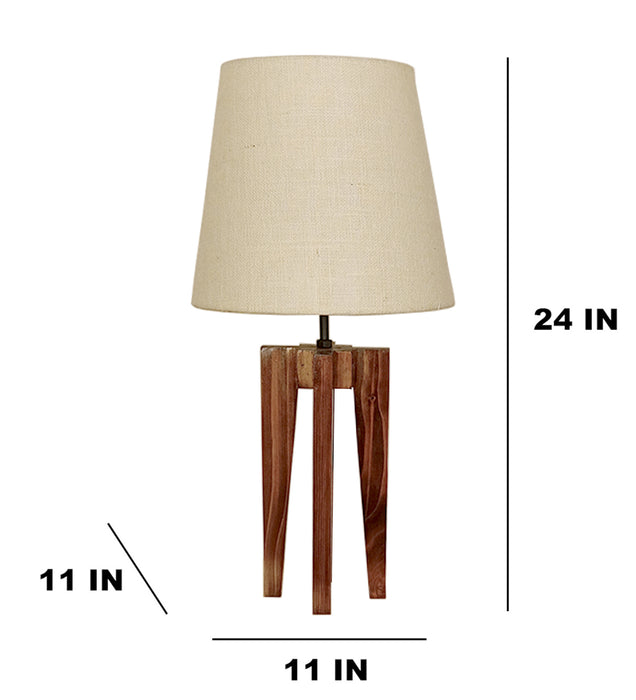 Jet Brown Wooden Table Lamp with White Fabric Lampshade