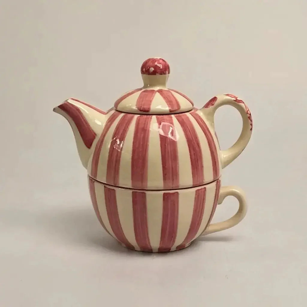 Handmade Ceramic Striped Tea Pot and Cup Set | Stoneware for Tea Lovers
