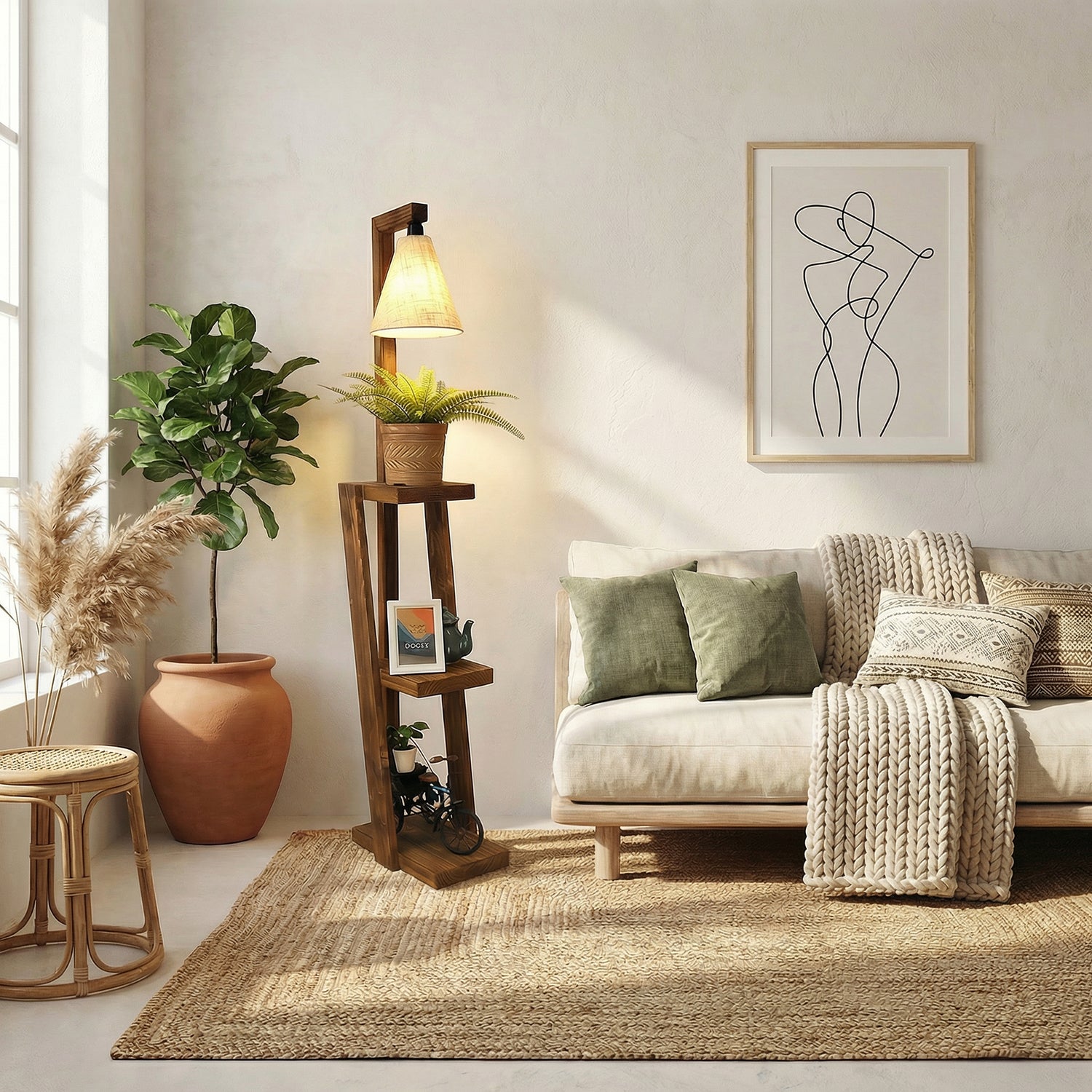 Julia Wooden Floor Lamp with Jute Fabric Lampshade | Standing Lamps for Living Room