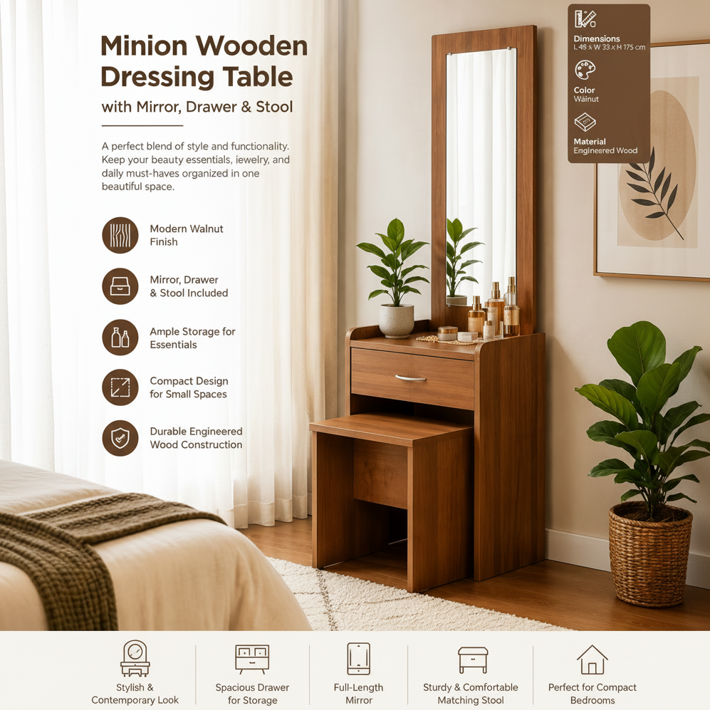 Minion Wooden Dressing Table with Mirror, Drawer & Stool | Modern Dressing Table with Storage