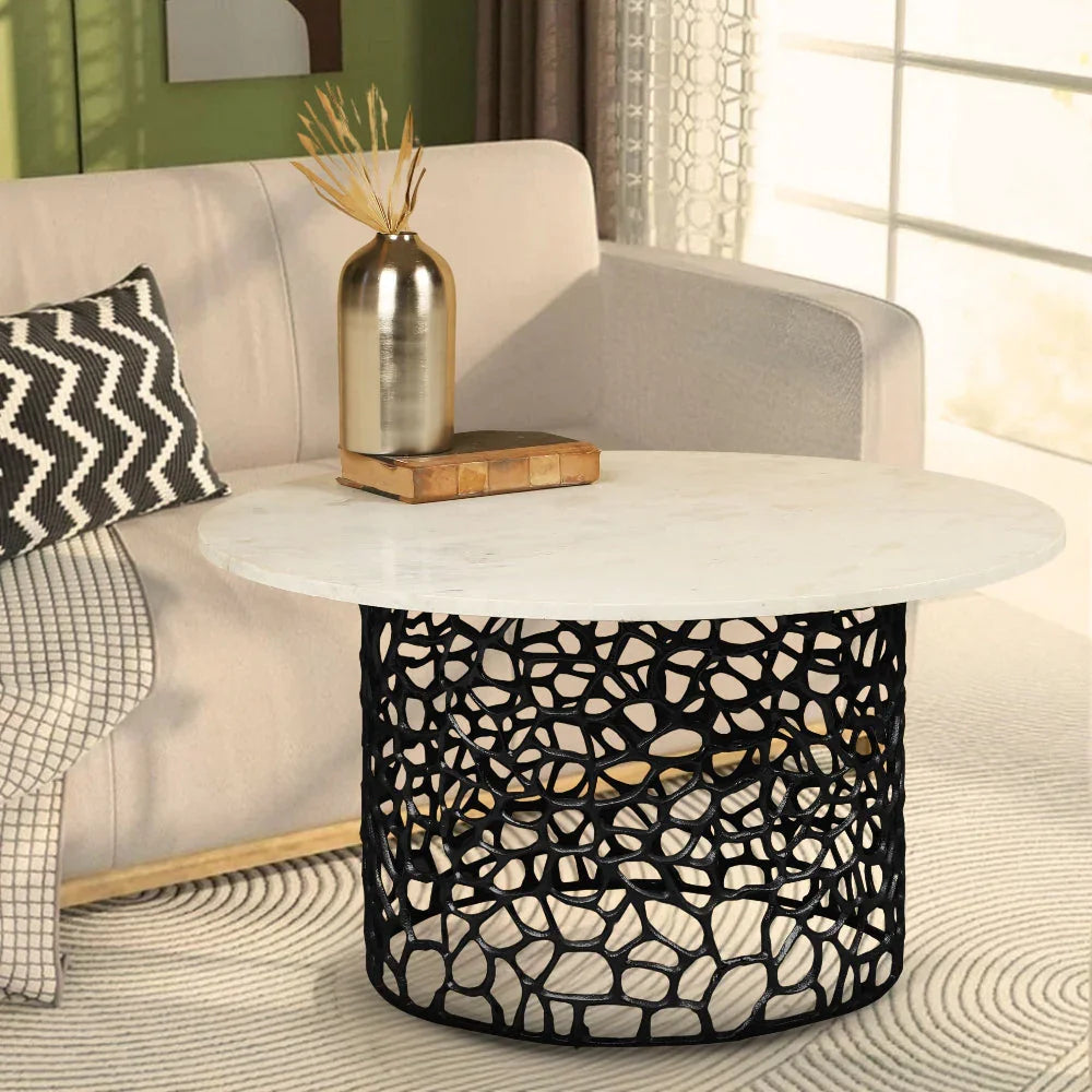 Dolce Marble Side Table | Designer Round End Table For Living Room |  Luxurious Teapoy Table
