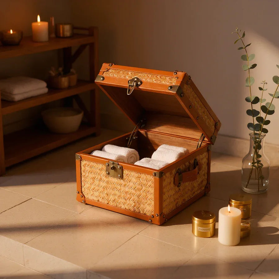 Luxury Leather & Rattan Storage Trunk Box | Premium Towel & Linen Organizer | Unique Storage Box