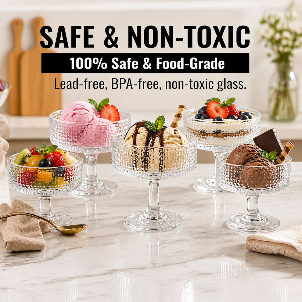 Glass Ice Cream Cups Set of 6 (185ml Each) | Premium Textured Dessert Bowls for Sundae, Pudding & Sweets | Food-Safe, Durable & Scratch-Resistant | Elegant Transparent Stem Design
