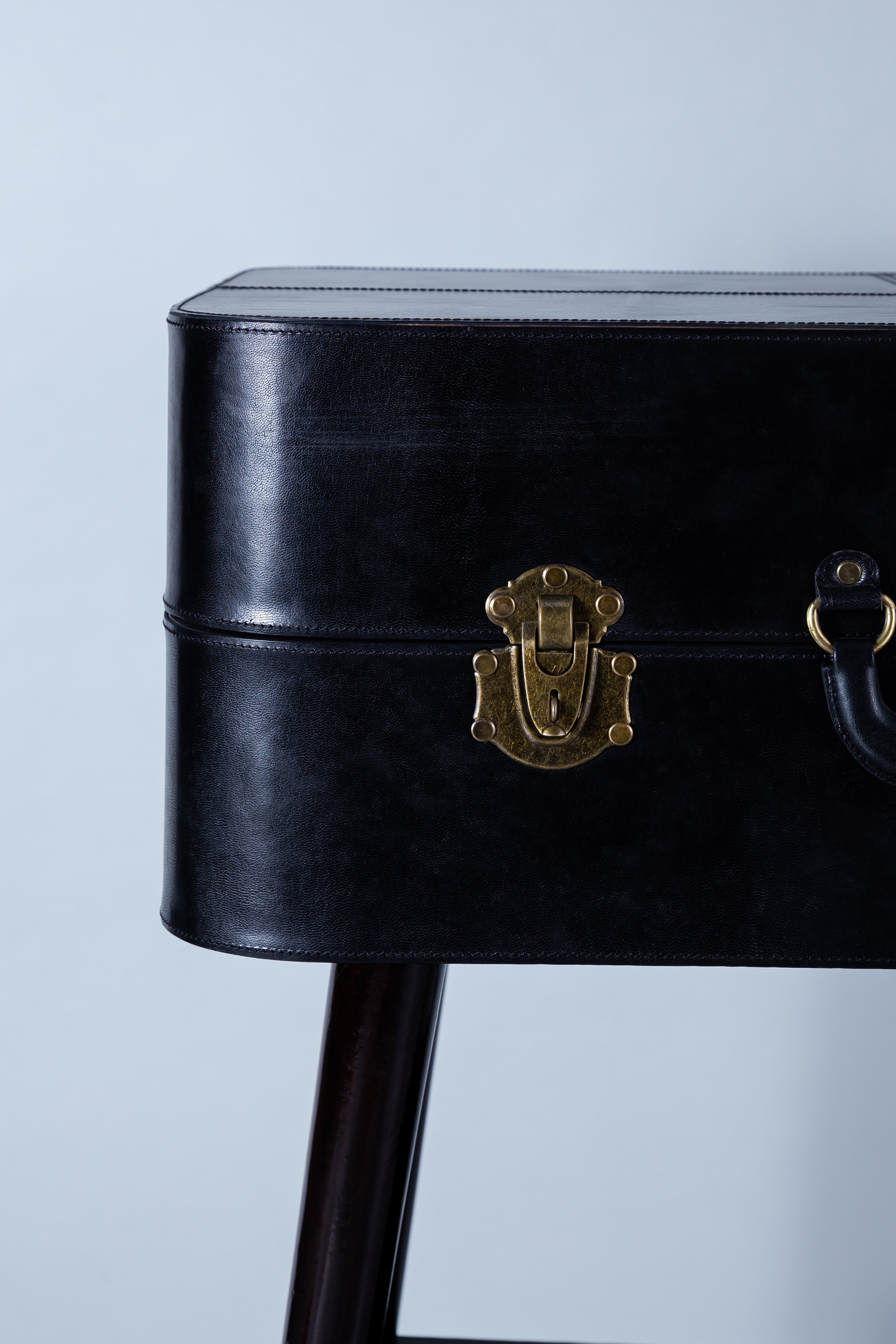 Ambry Console Table | Natural Black Leather With Brass Antq Feet | Wood & Leather
