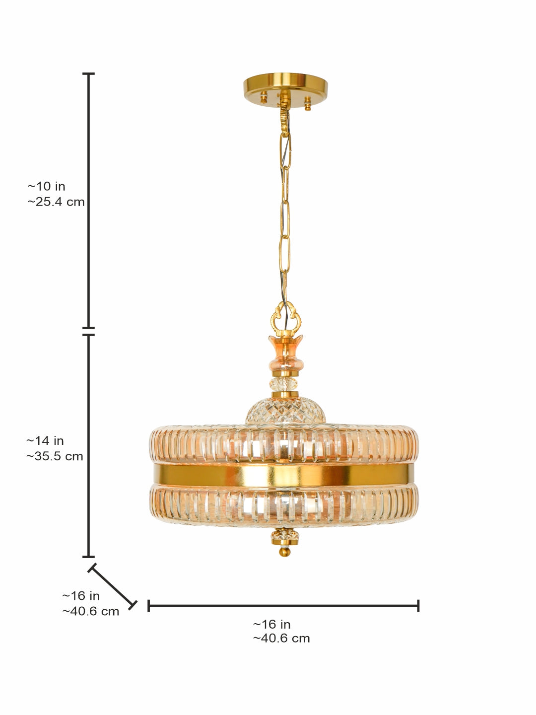 16-Inch Gold Round Hand-Cut Glass Hanging
  Light | Transitional 4-Light Brass Pendant with Golden Luster Finish