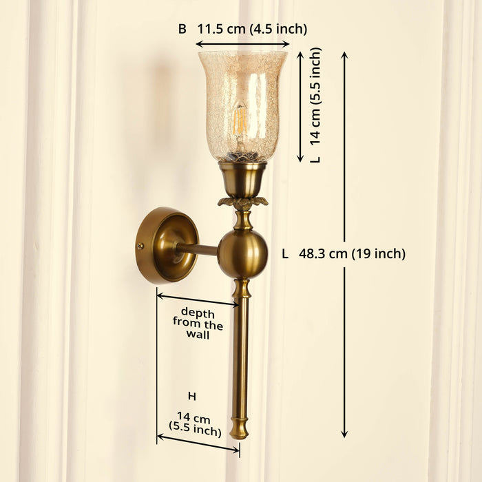 Brass Antique Finish Ball Wall Lamp with Chimney Crackled Glass Golden Luster Shade