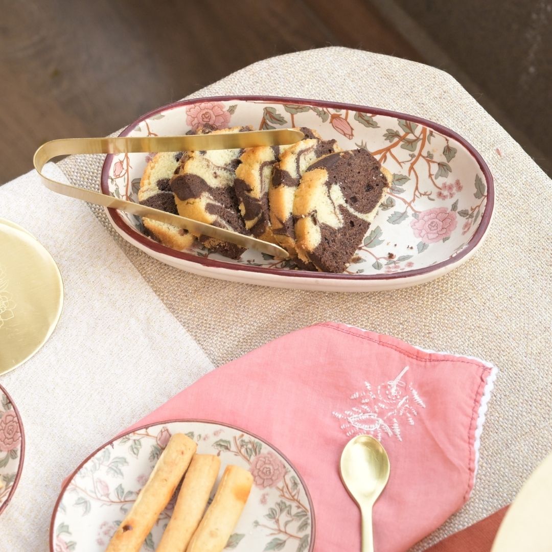 Stoneware Oval Tray with Peony Print & Brass Tong Set – Handcrafted Serveware for Snacks, Cookies & Festive Gifting