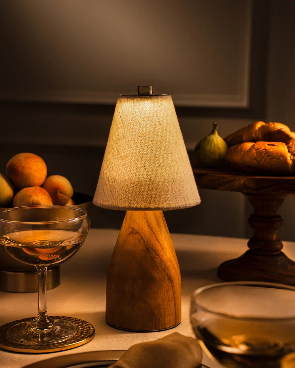 Reverie Wooden Cordless Table Lamp for Living Room | Rechargeable LED with Cotton Shade