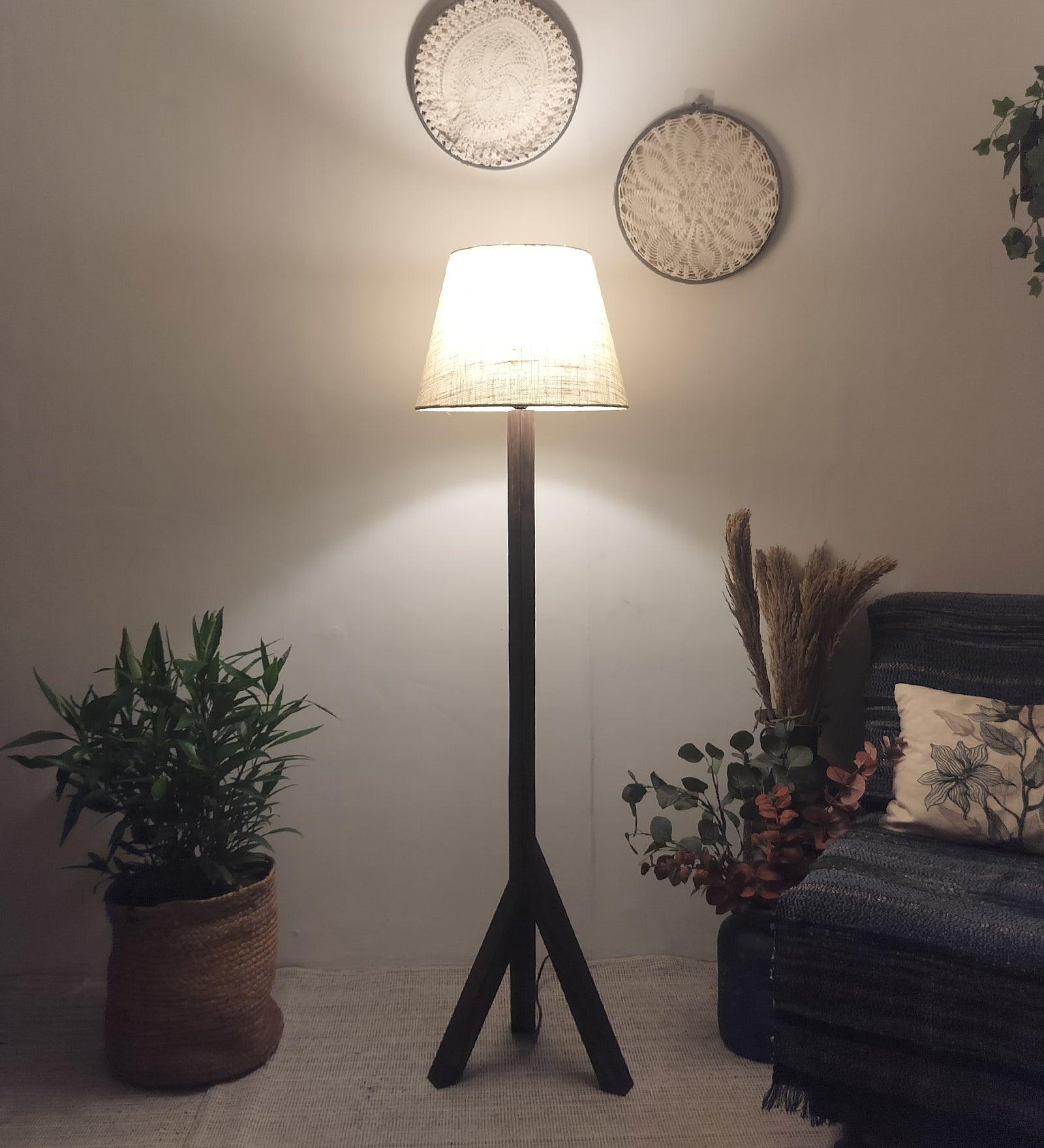 Trinca Wooden Floor Lamp with Brown Base and Jute Fabric Lampshade