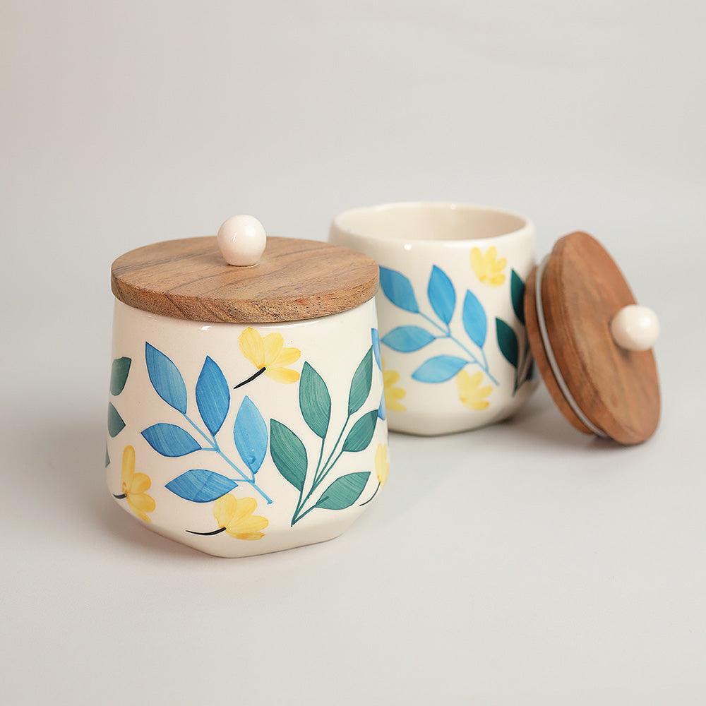 Meadow Sunshine Ceramic Storage Jars | Set of 2 Airtight Kitchen Jars with Wooden Lids