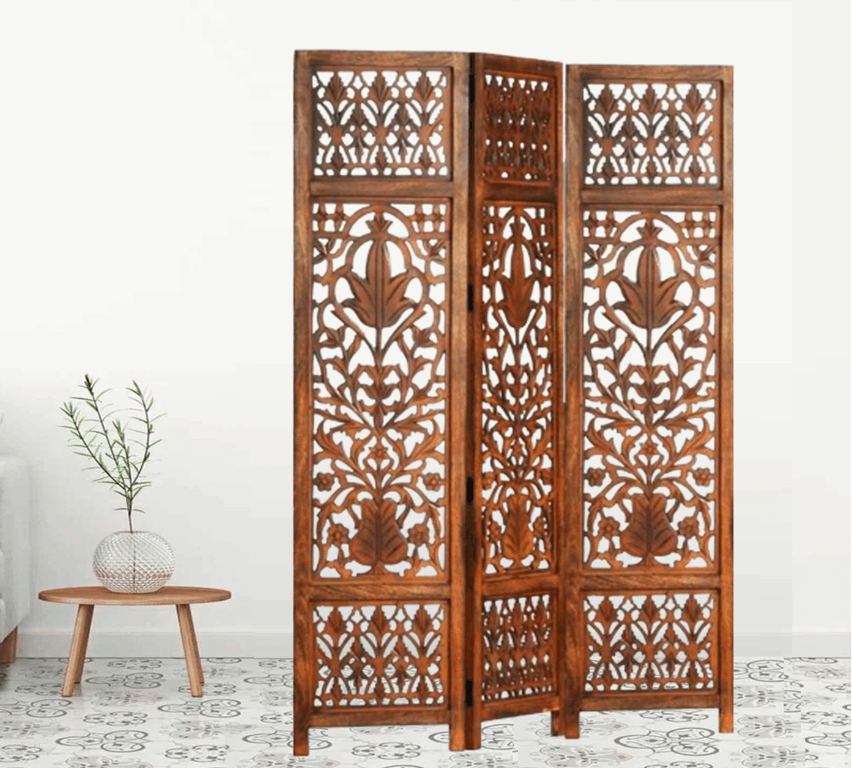 Hand Carved Mango Wood Folding Partition with MDF Jali