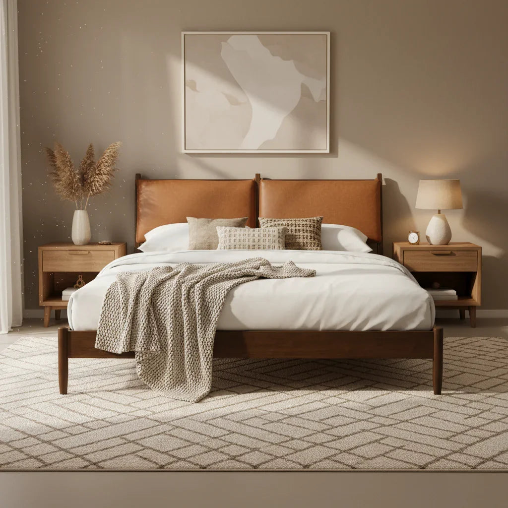 Vionara Solid Teak Wood And Faux Leather/Fabric Upholstery King Size Bed