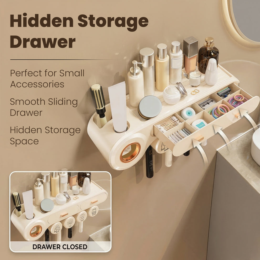 Wall Mounted Toothbrush Storage Holder | Mounted Organizer Plastic Brush Stand | Bathroom Accessories Set Toothpaste Dispenser | Built-in Drawer- Cream