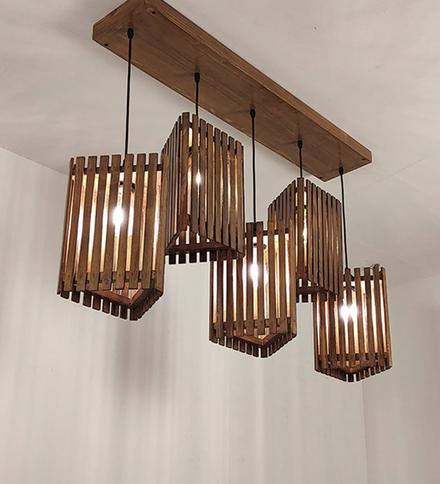 Trikona Brown Wooden 5 Series Hanging Lamp