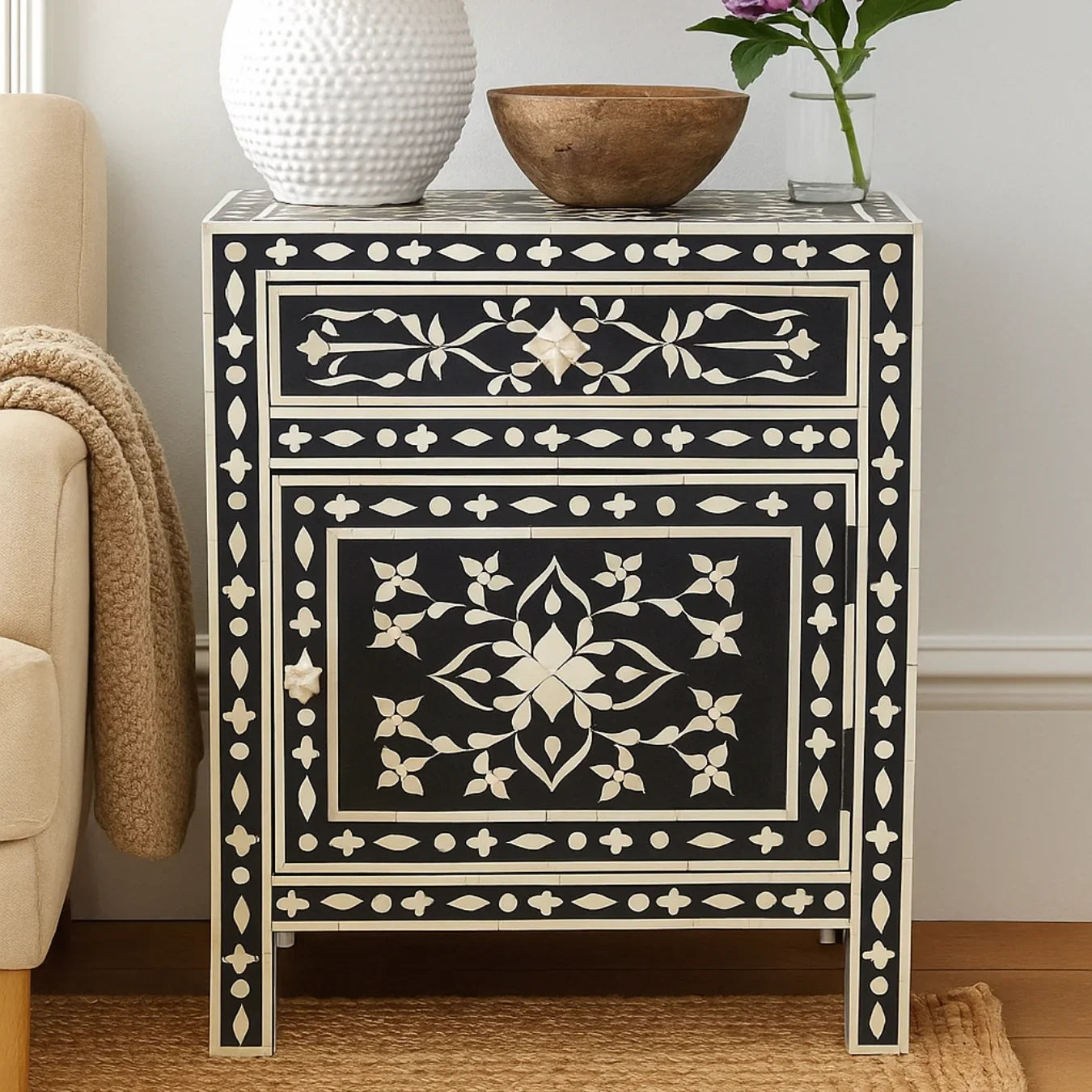 Floral Bone Inlay Bedside Table – Black Elegance