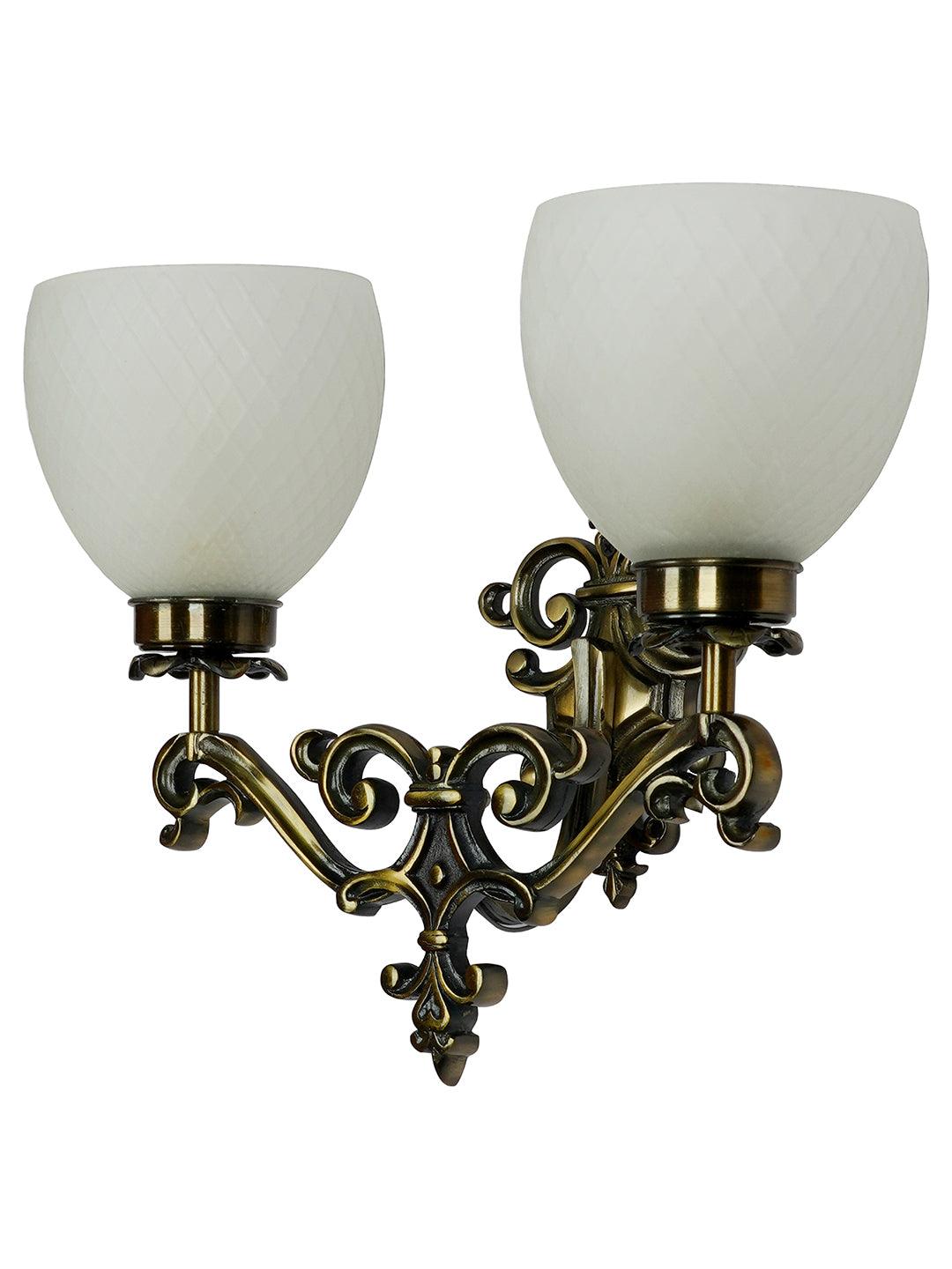 Spanish Antique Brass Finish Dual Light Wall Sconce With Frosted Diamond Glass Shades