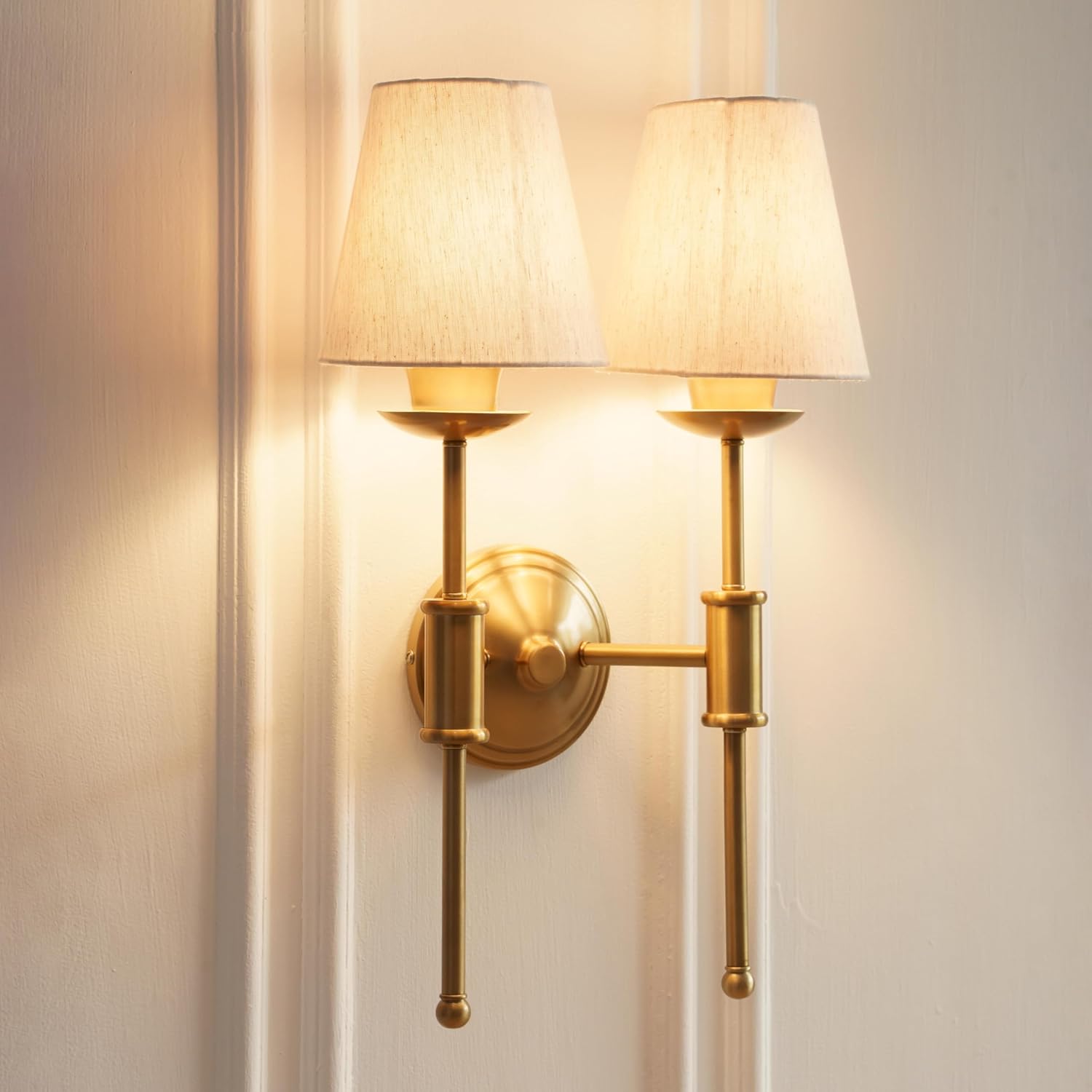 Double Spacer Wall Light Antique Brass Finish with Off White Shade for Living Room, Bedroom and Home Decoration