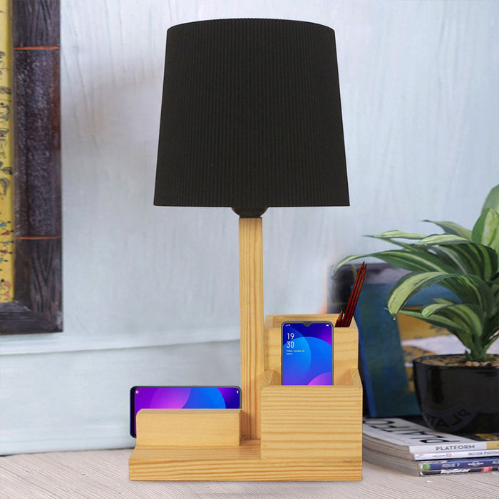 Classic Wooden Table Lamp With Black Fabric Lampshade and Mobile Stand