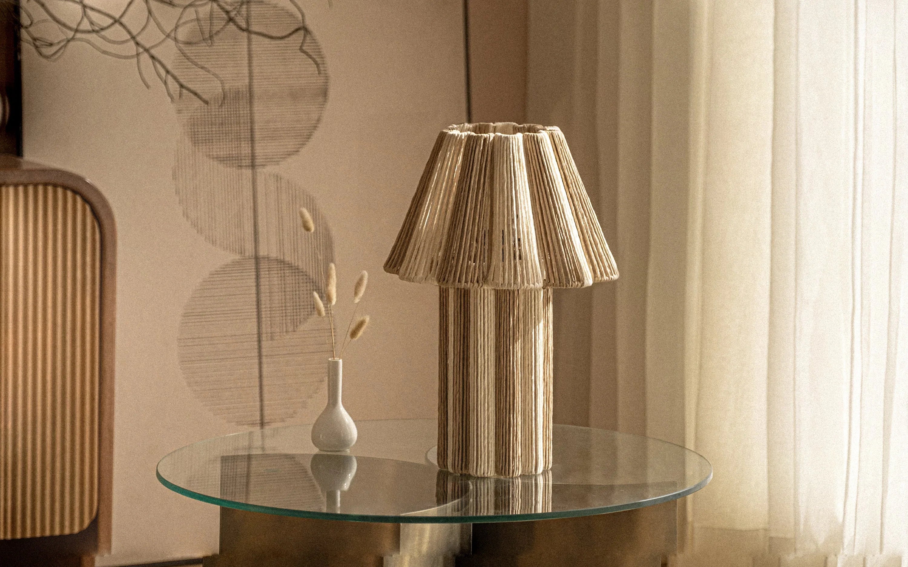 Kenji Table Lamp | White Conical Metal & Rafia Designer Table Lamp for Living Room