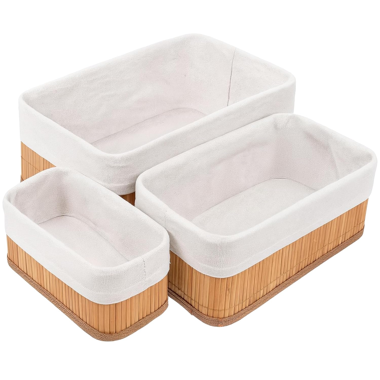 Eco-Friendly Natural Bamboo Storage Rectangular Basket Bins Organizer, Pack of 3 - Brown
