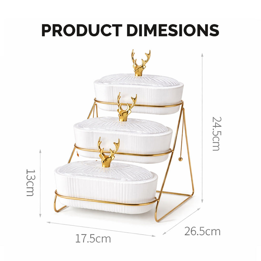 3 Tier Glass Fruit Basket with Metal Stand | Oval Tiered Fruit Basket & Snack Organizer | Detachable Dessert Stand for Kitchen Counter & Dining Table