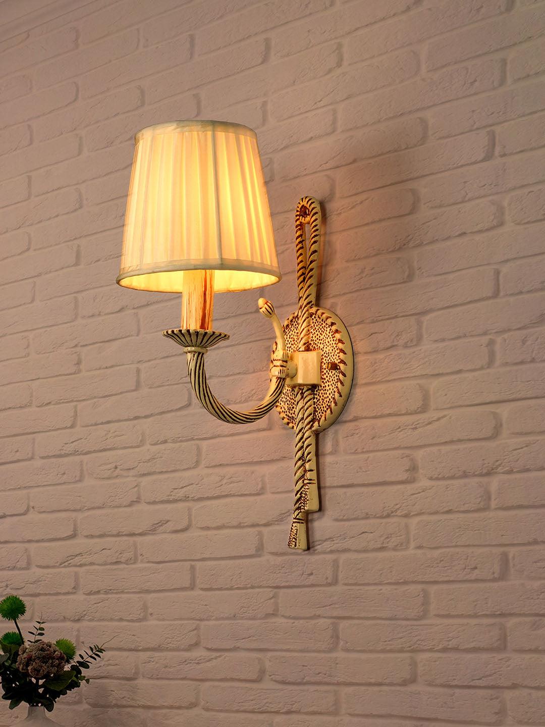 Knotted Cast Aluminium Distressed Creme Antique 1-Light Wall Lamp with Pleated Fabric Shades