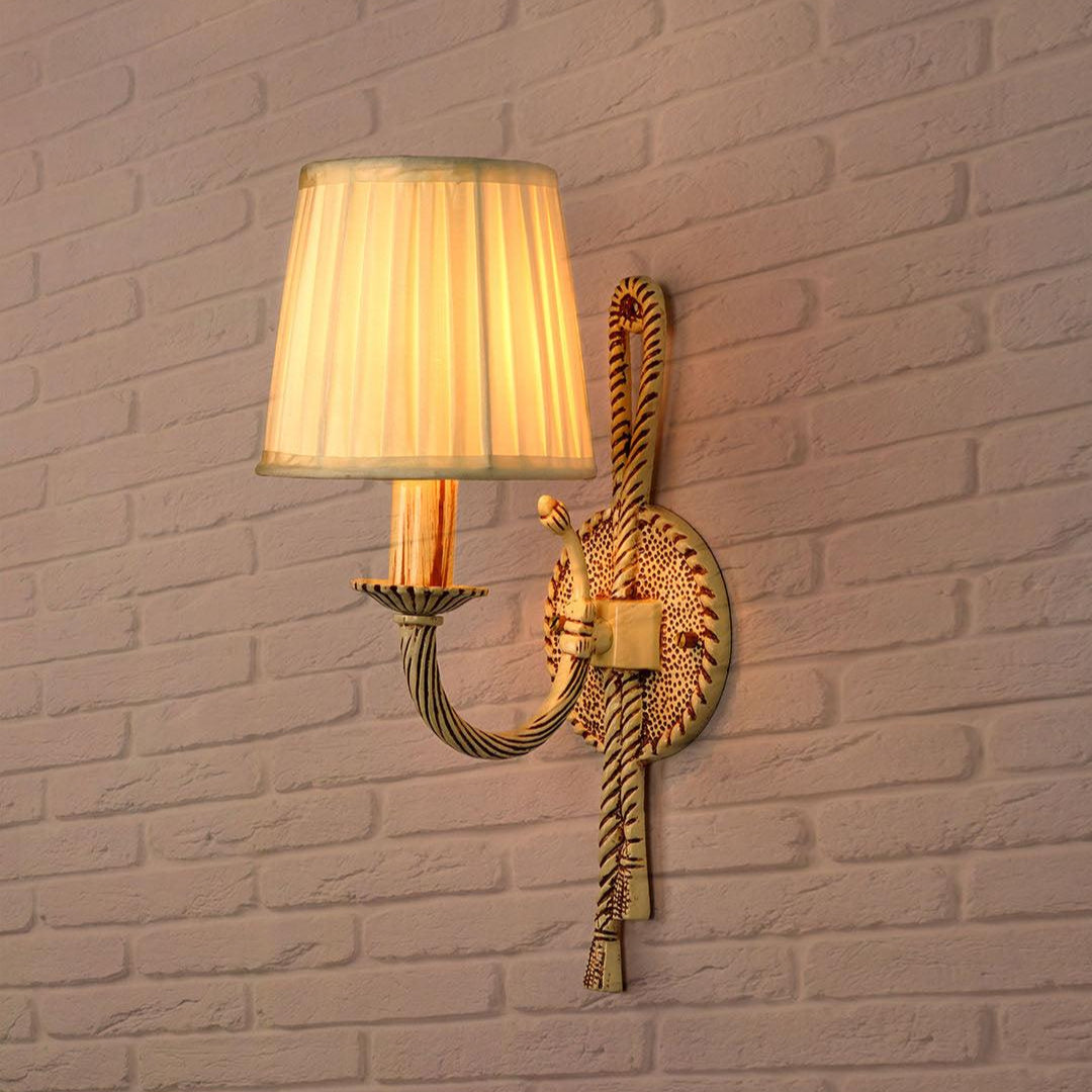 Knotted Cast Aluminium Distressed Creme Antique 1-Light Wall Lamp with Pleated Fabric Shades
