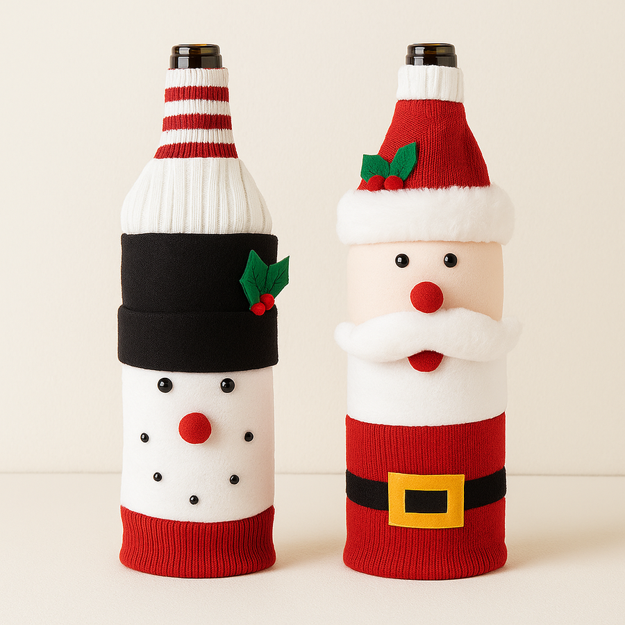 Christmas Wine Bottle Covers – Santa, Snowman & Reindeer Knitted Gift Wraps- Set of 2