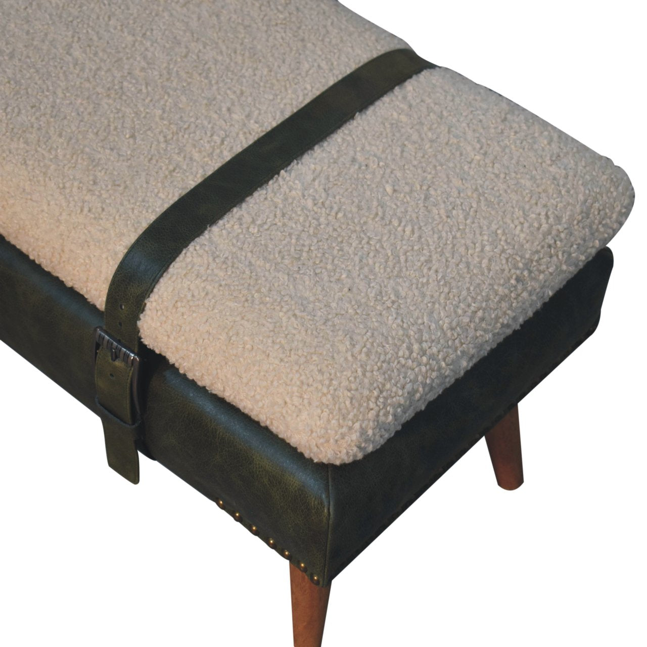 Bouclé Buffalo Hide Olive Green Leather Bench