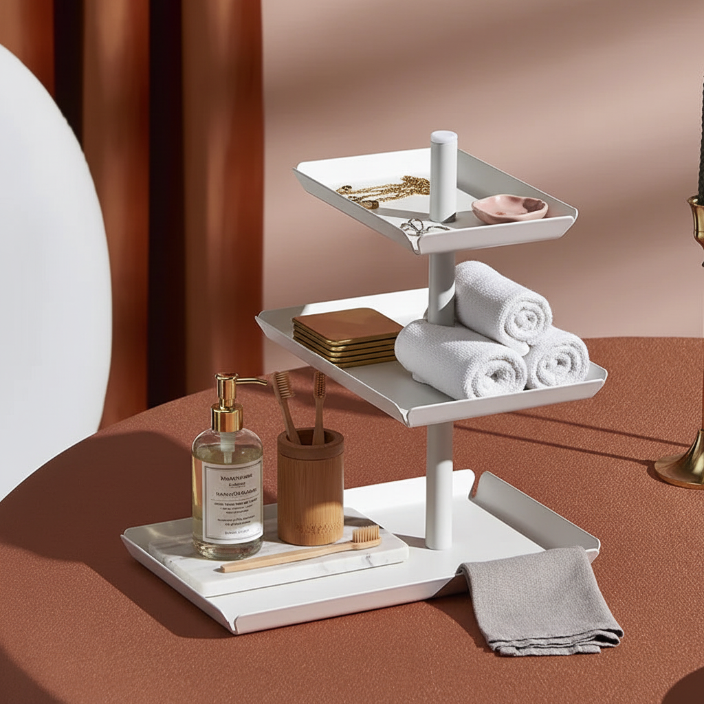 3-Tier Rotating Organizer Tray | White Countertop Storage Tray for Kitchen, Makeup & Desk