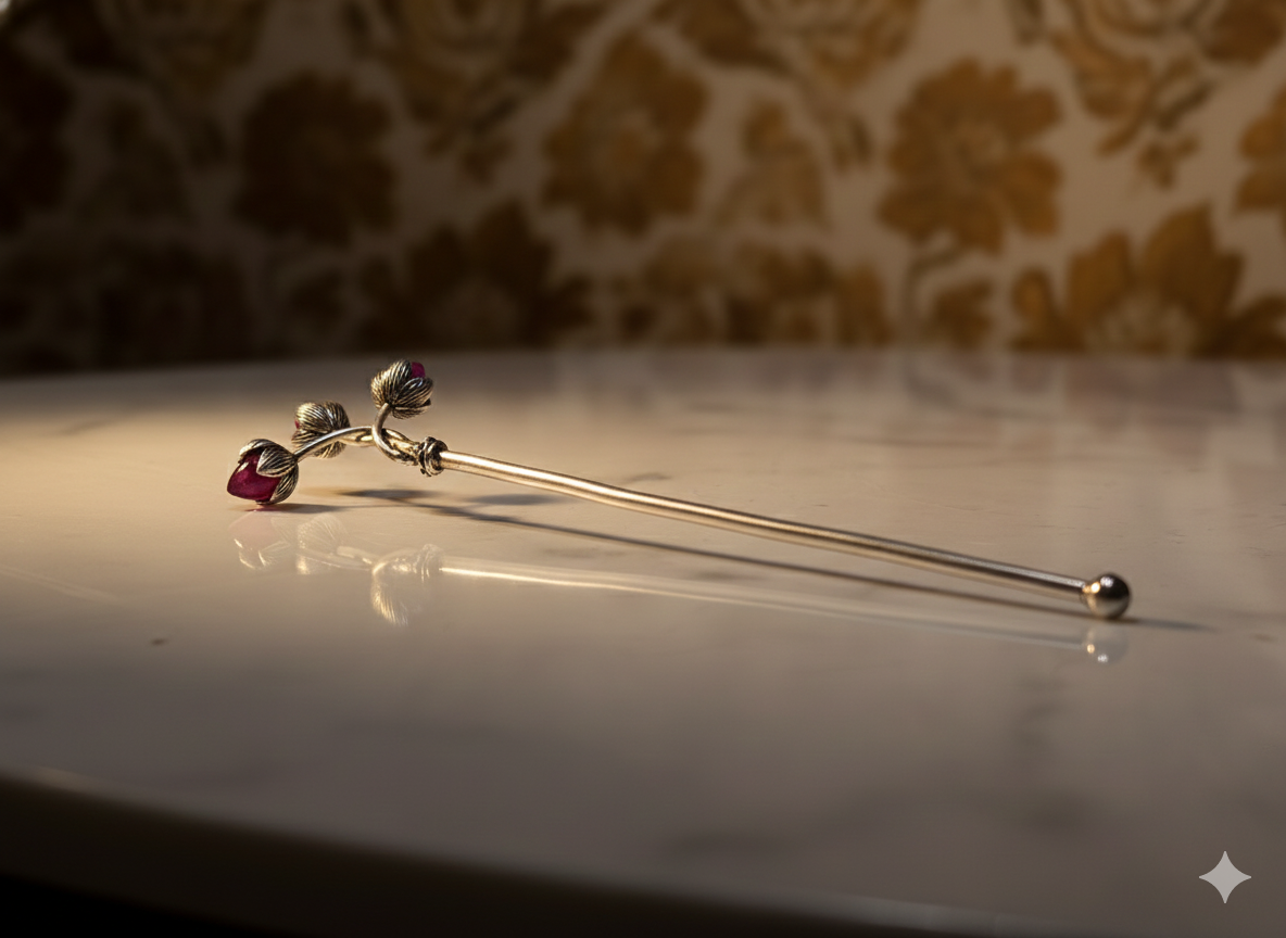 Pure Silver Plated Brass Trishakti Tilak Stick With Ruby Accents