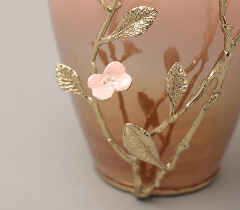 Floral Dream Vase | Gold Finished and Enamelled Brass with Ombre Pink Coloured Glass