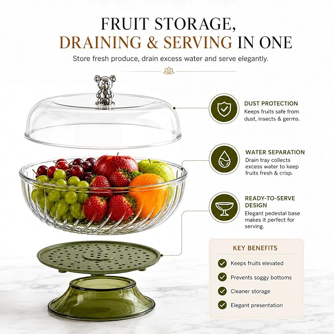 Fruit Storage Bowl with Lid & Drain Tray- 10 Inch | Multi-Functional Fruit Basket with Built-in Drainer | Dustproof Cover | Serving Tray for Fruits, Vegetables & Snacks | Kitchen & Dining Use