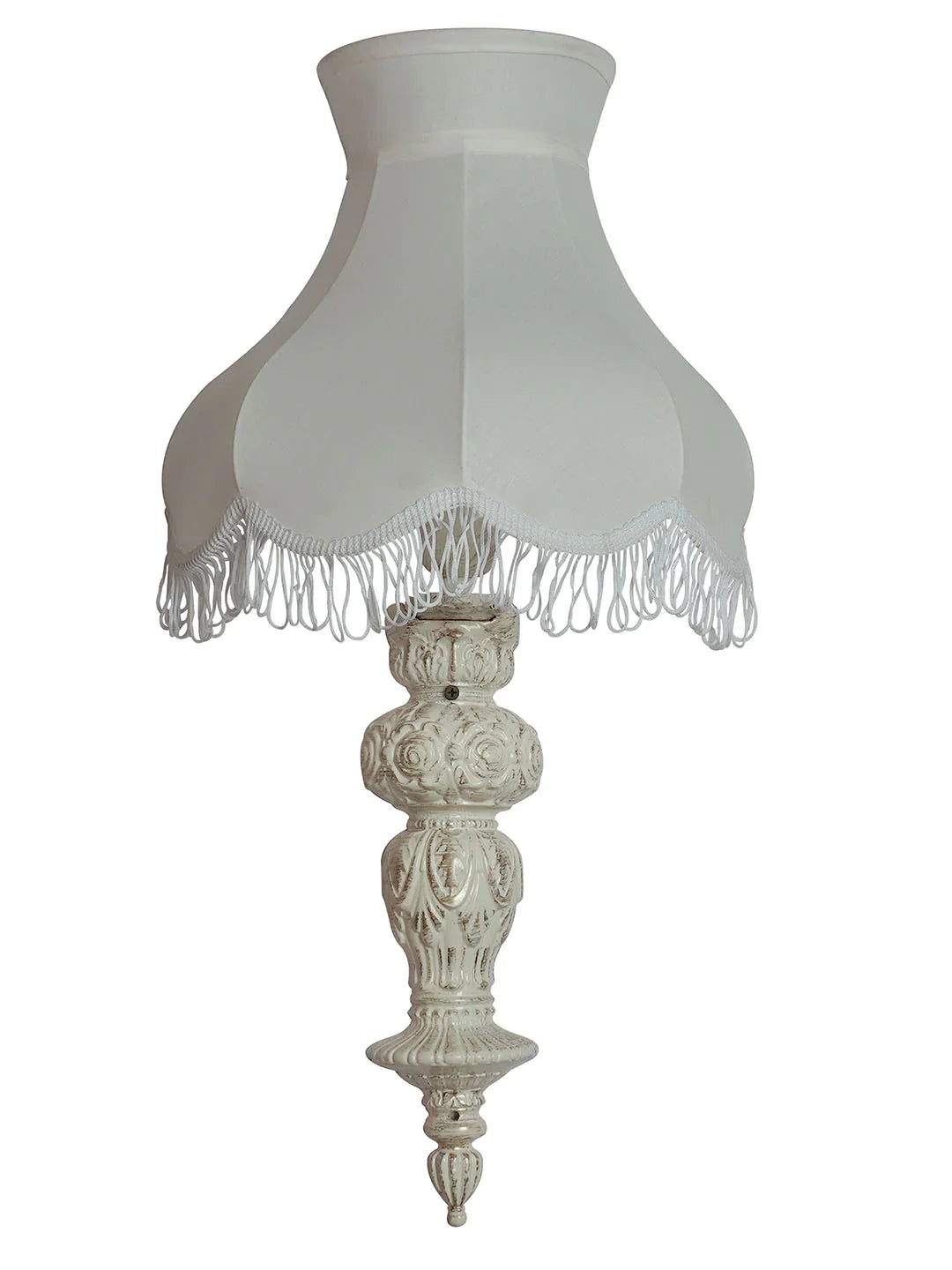 Aluminium Handcrafted Distressed Ornate Pillar Transitional Wall Sconce With Fringed Fabric Shade
