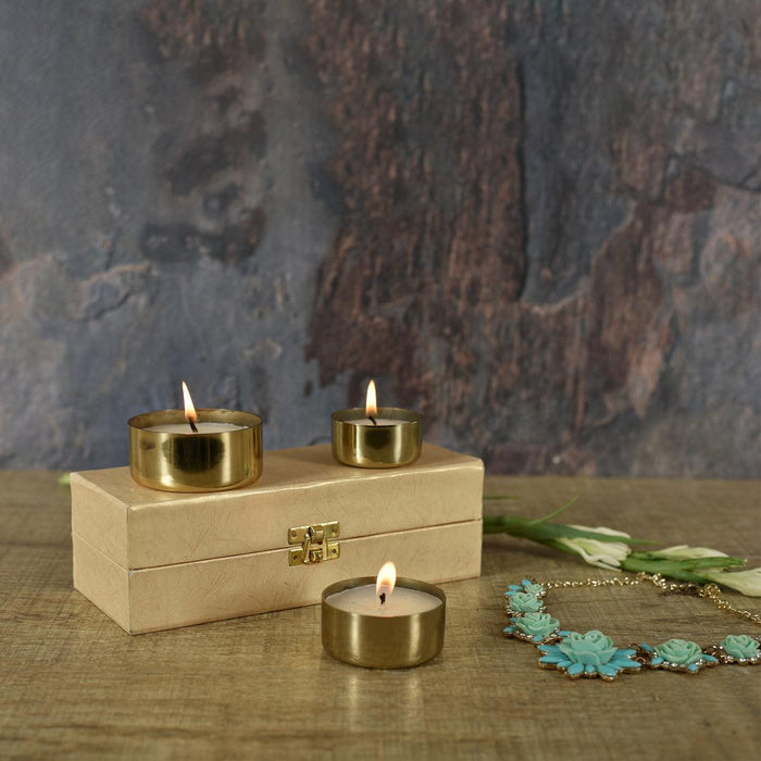 Roshni Metal Votives Diyas with filled flavoured candles in a gift Box (Set of 3)