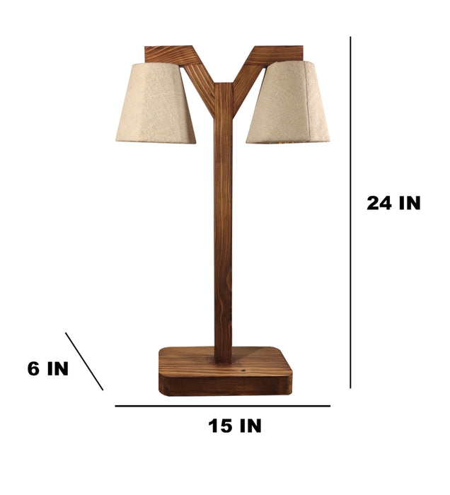 Elania Wooden Table Lamp with Brown Base and Premium White Fabric Lampshade