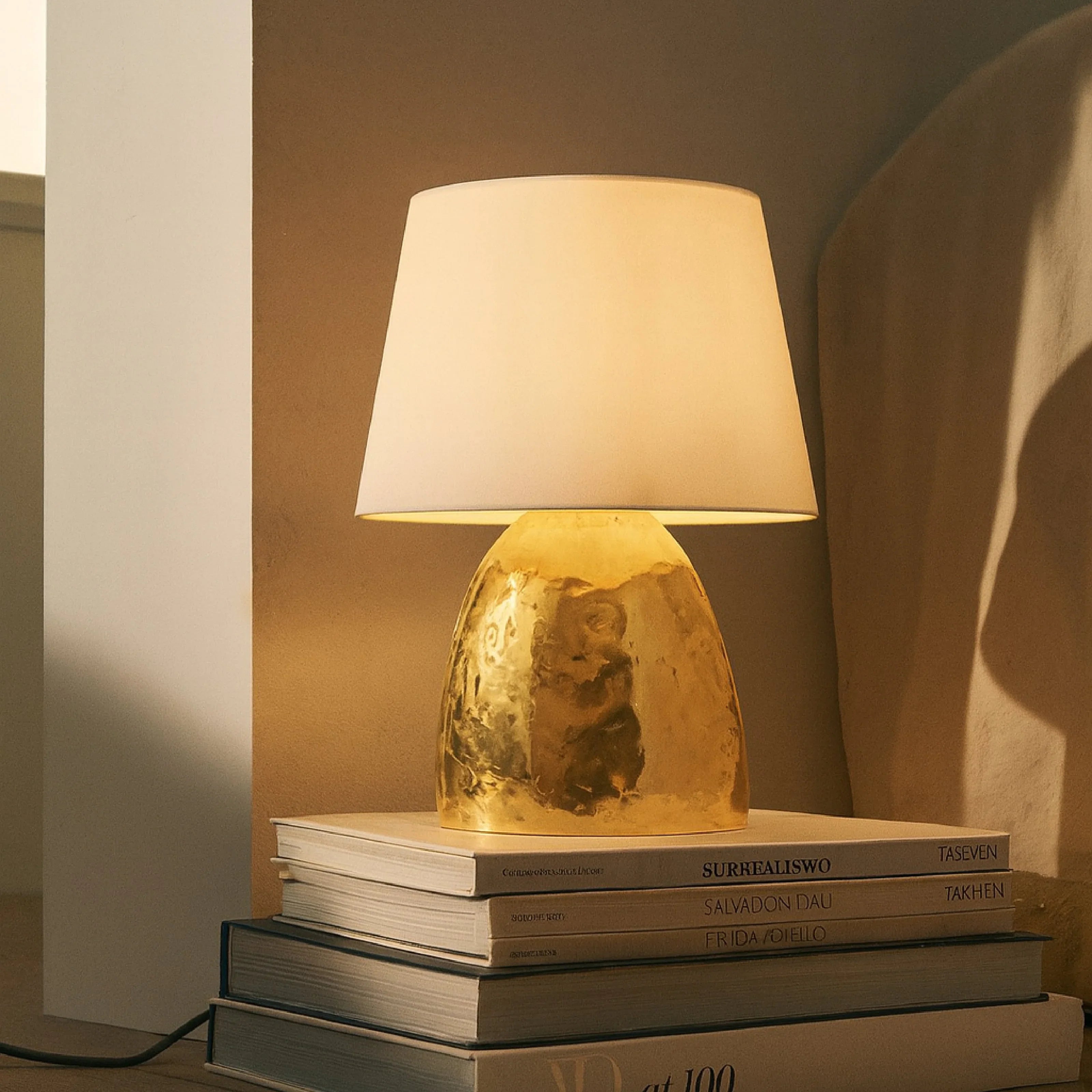 Nythos Table Lamp for Living Room Decor |  Brass Finish Desk Lamp with White Fabric Shade