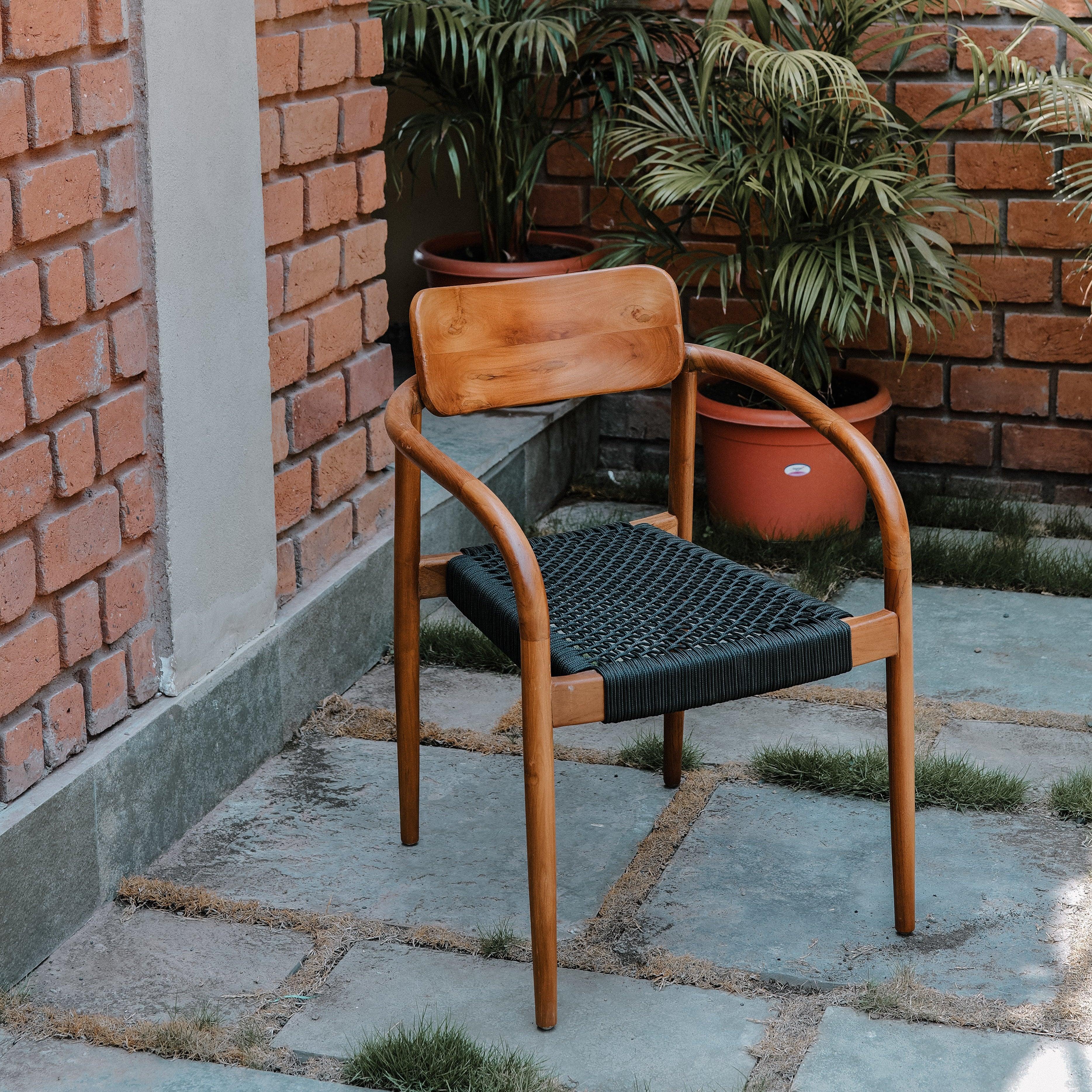 Woodwhim Stackable Dining Chair | Teakwood & Rattan Space-Saving Chair