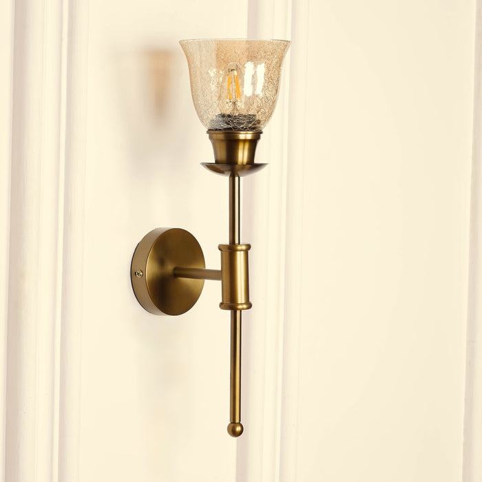 Brass Antique Finish Spacer Wall Lamp with Cup Crackled Glass Golden Luster Shade