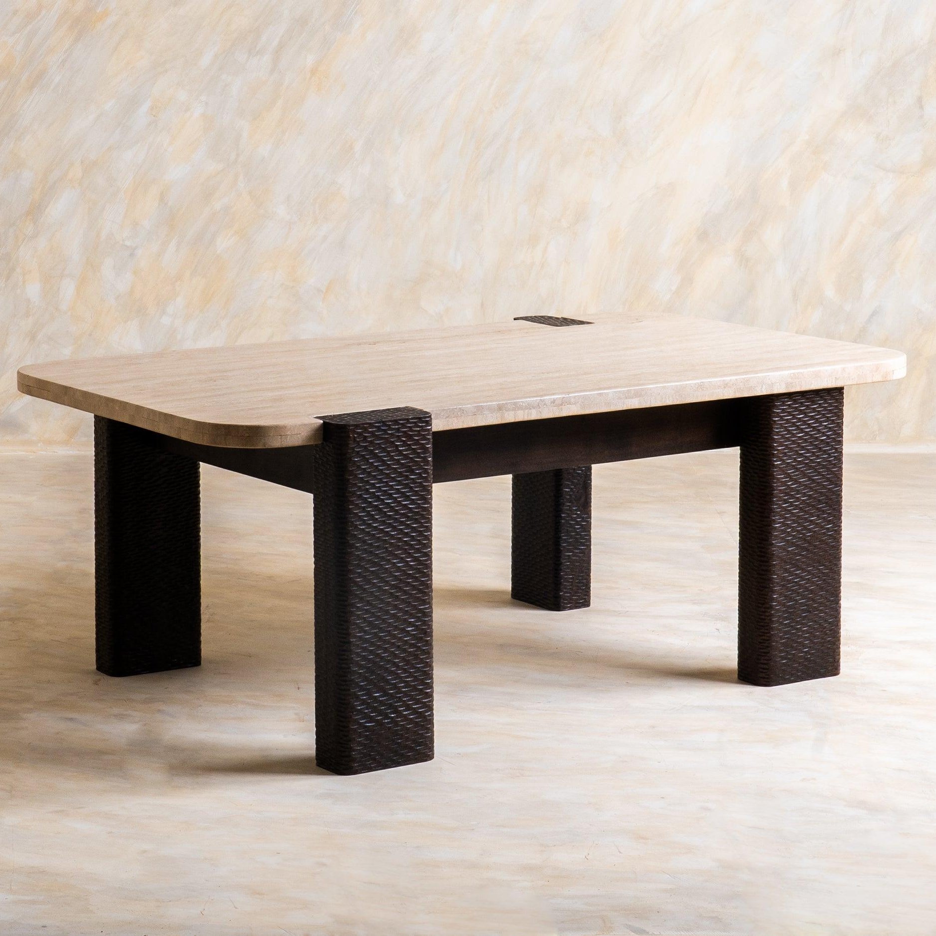 Sculpt Edge Coffee Table | Acacia Wood and Travertine Marble