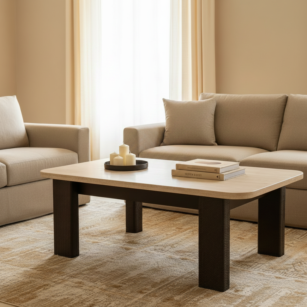 Sculpt Edge Coffee Table | Acacia Wood and Travertine Marble