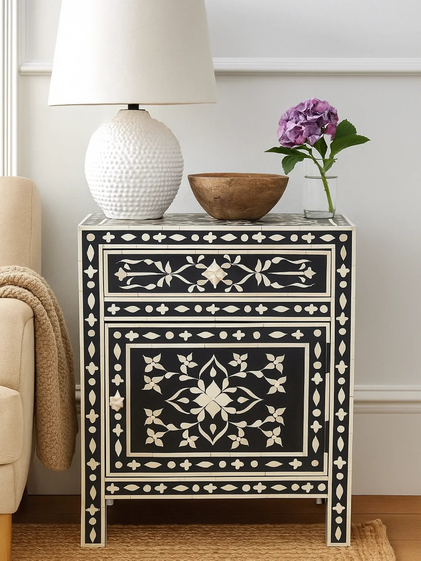 Floral Bone Inlay Bedside Table – Black Elegance
