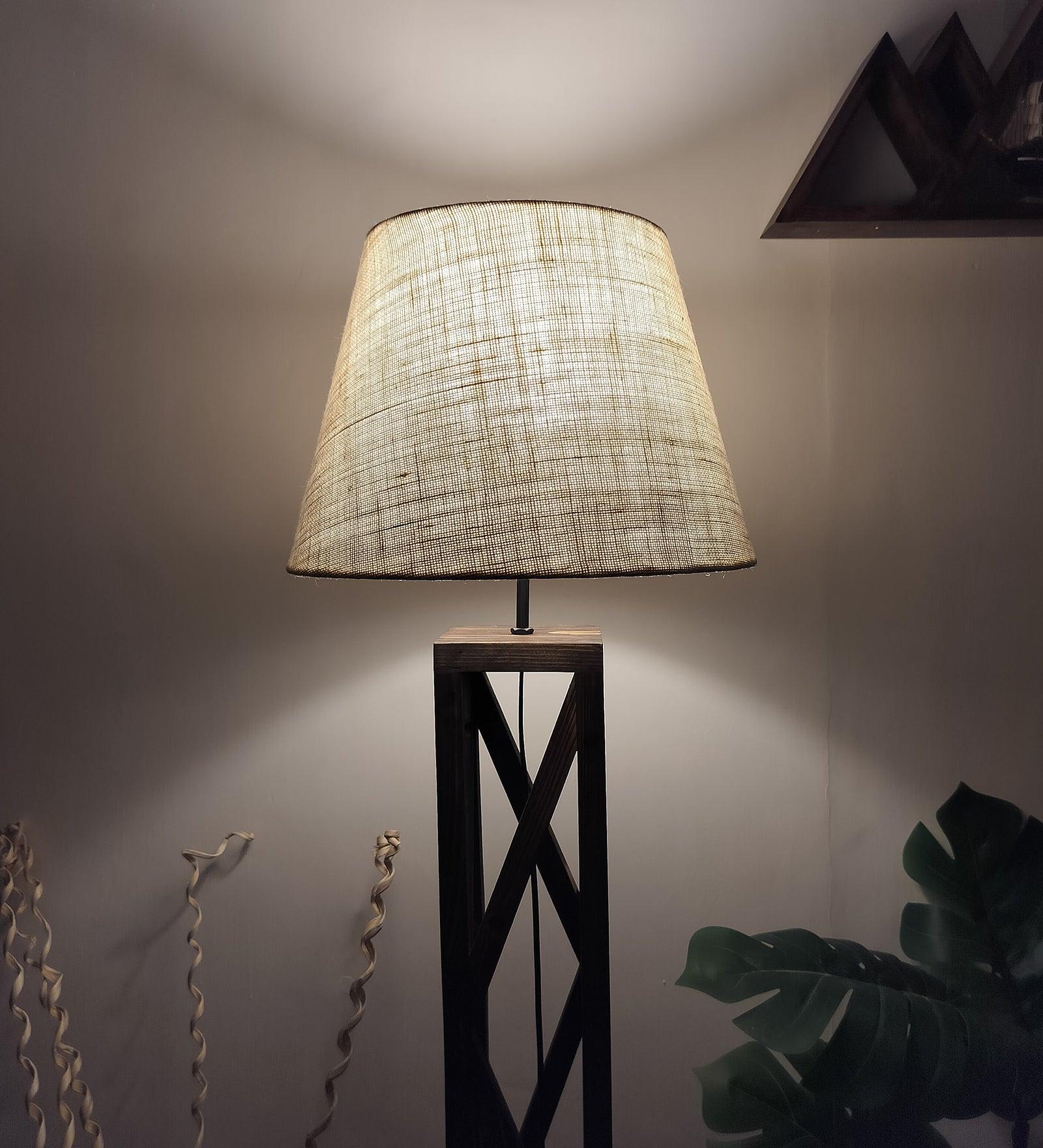 Symmetric Wooden Floor Lamp with Premium Beige Fabric Lampshade