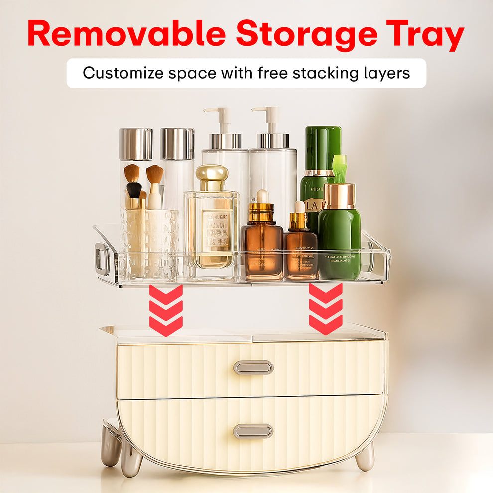 Cosmetic Makeup Organizer Box for Women |Transparent Cosmetic Storage Box for Skincare,Perfumes,Lipstick,Jewelry & Accessories – Countertop Vanity Organizer for Dressing Table | Creamy White