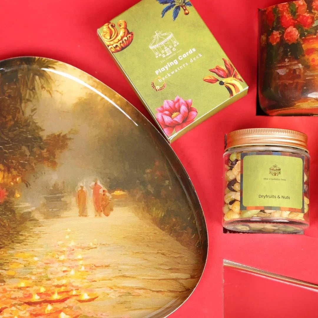 Luxury Diwali Gift Box with Brass Finish Platter, Soy Wax Candle, Dry Fruits, Mukhwas, Brass Tong & Designer Playing Cards