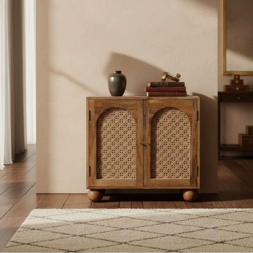 Nordic Rattan Cabinet | Wooden Storage Cabinet with Cane Doors (Mango Wood Sideboard)