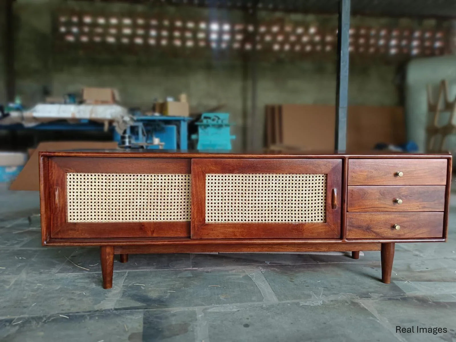 Sleek Rattan Door Sliding TV Cabinet | Sheesham Wood TV Unit for Living Room