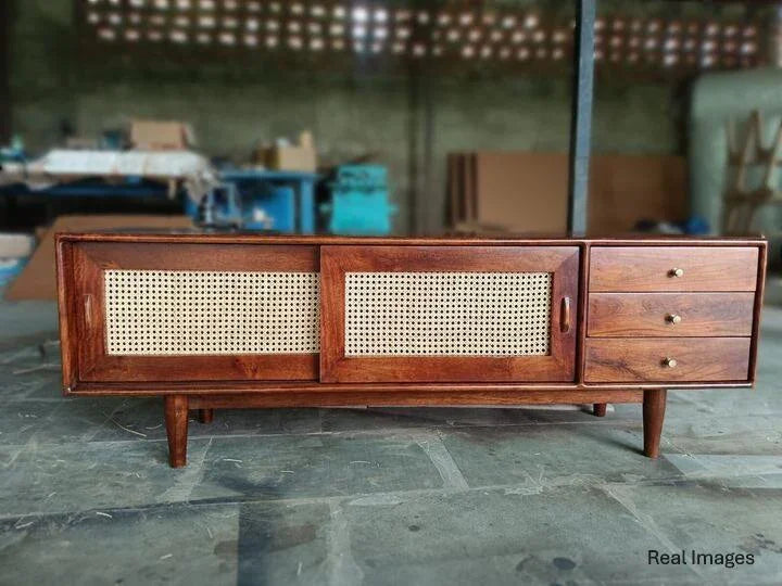Sleek Rattan Door Sliding TV Cabinet | Sheesham Wood TV Unit for Living Room